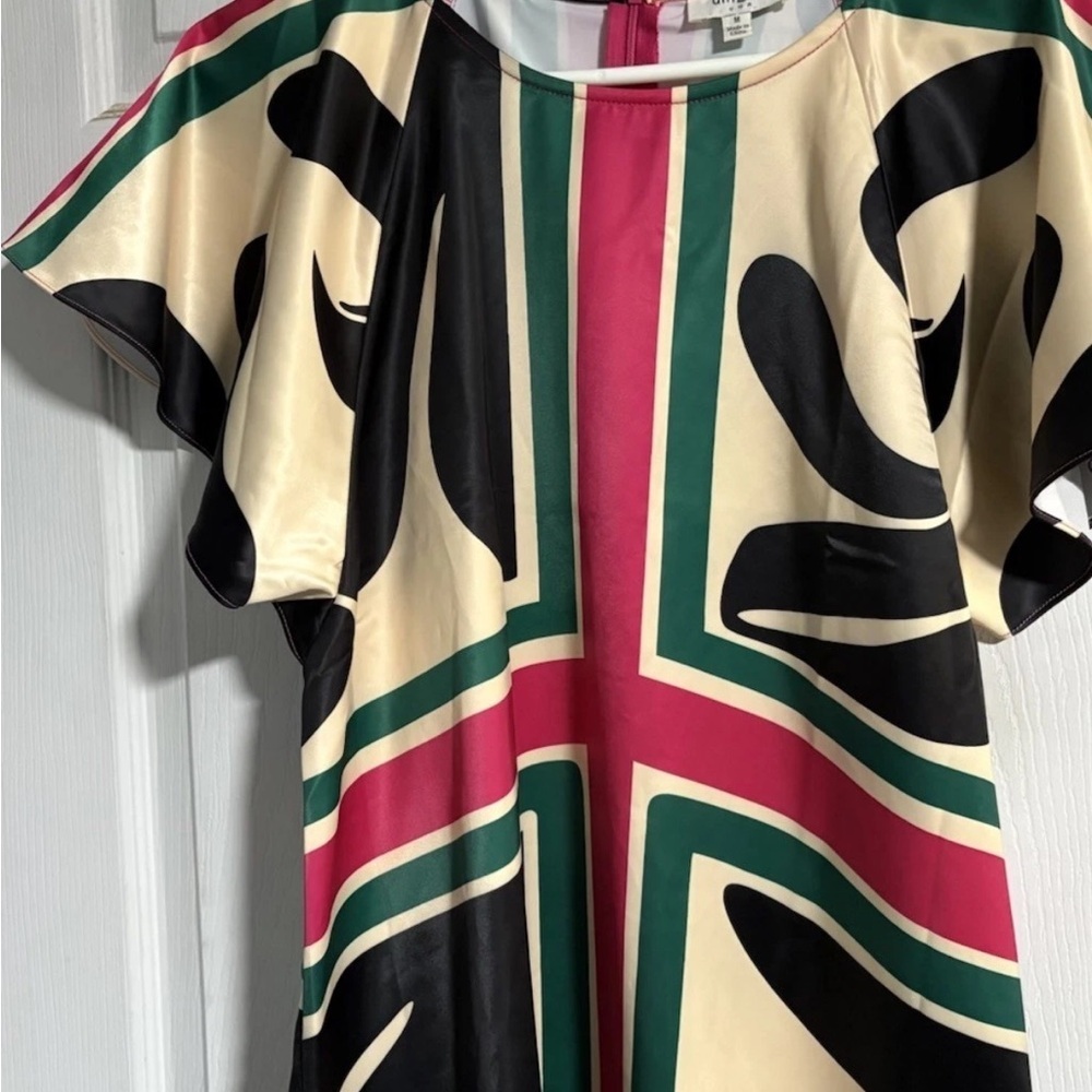 Umgee Asymmetrical Dress with Black, Cream, Hot pink , & Green Design - Picture 3 of 6